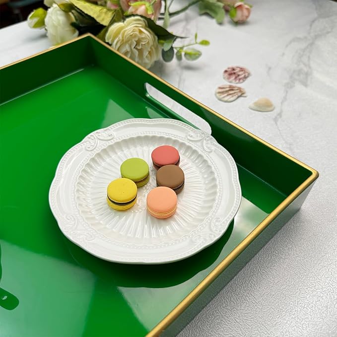 Large Decorative Tray, Emerald Green Serving Tray with Handles, Plastic Coffee Table Tray for Ottoman, Living Room, Bathroom, Decor. 15.7” x 11.8” x1.6”-Ruum Studio Home