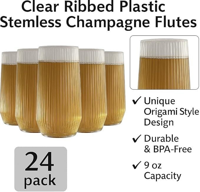 24 Pack Ribbed Ripple Stemless Toasting Glasses, Origami Durable 9 Oz BPA-Free Disposable Plastic Champagne Flutes for Weddings, Bars, Events, and Celebrations (Clear)-Ruum Studio Home