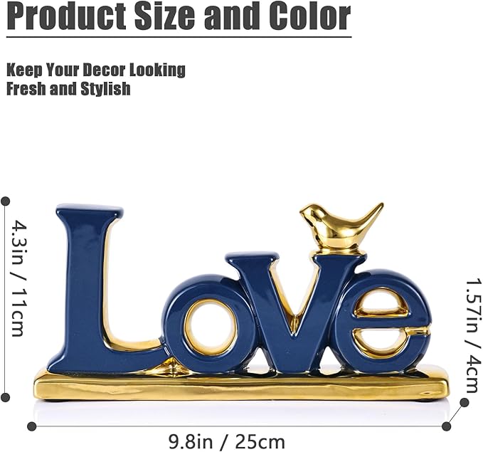 Love Sign Decoration,Blue and Gold Love Signs for Home Decor Statue,Modern Bird Sculpture Personalized Love Decor,Gold Style Figurine Decorative Ornaments for Living Room,Bedroom,Desktop,Cabinets-Ruum Studio Home
