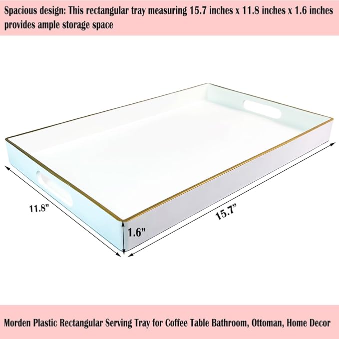 Large White Rectangular Decorative Tray – Plastic Serving Tray with Handles for Coffee Table, Ottoman, Living Room, 15.7” x 11.8” x 1.6-Ruum Studio Home