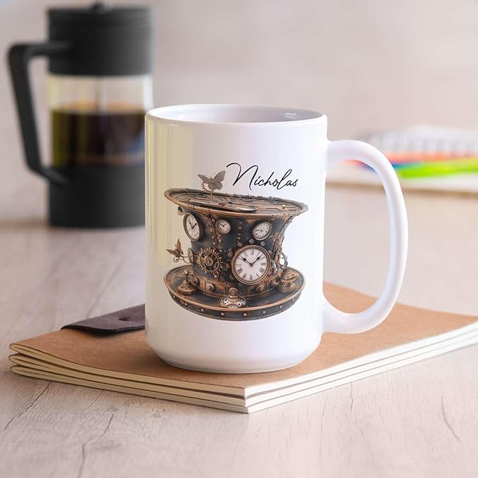 Personalized Coffee Mug Gift For Men, Customized Choose Name White Cup 11oz Or 15oz, Unique Steampunk Design Ceramic Cup, Custom Clock Themed Decorative Cup, Steampunk Decor Mug-Ruum Studio Home