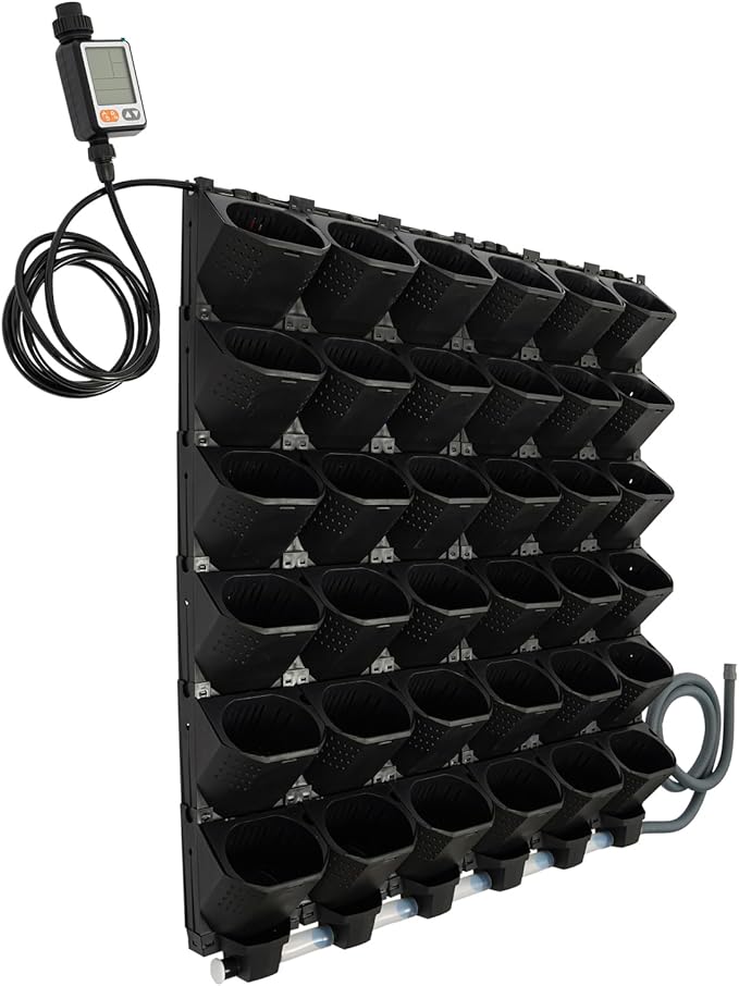 36 Pockets Hanging Planter Bags, Vertical Wall Mounted Plant Planting Grow Bags, Stackable Wall Planter with Timer, Self Watering Hanging Planters for Outdoor Indoor Garden-Black-Ruum Studio Home