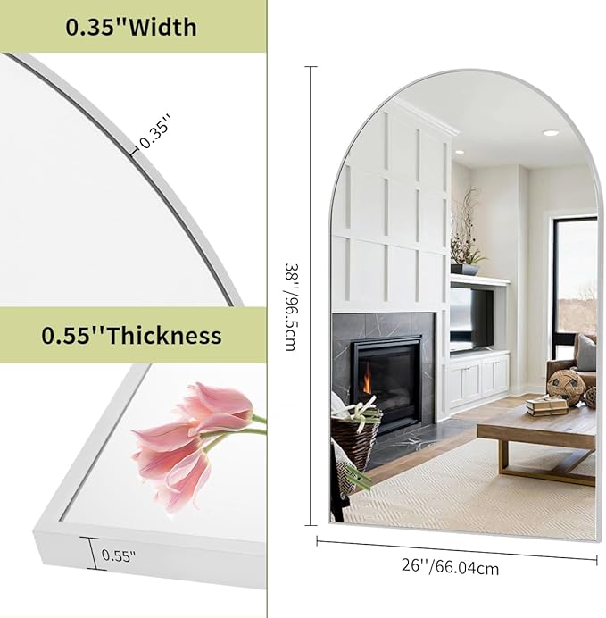 BEAUTYPEAK 26"x38" Arch Bathroom Mirror, Wall Mounted Vanity Metal Frame Mirror for Bedroom, Entryway, Living Room, Silver-Ruum Studio Home