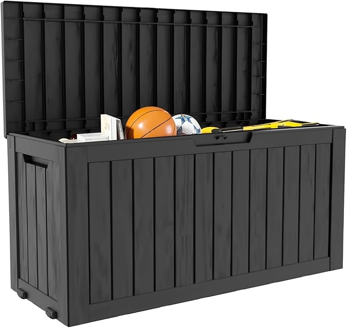 75 Gallon Double-Wall Resin Deck Box - Lockable Waterproof Outdoor Storage Box, 515lbs Capacity & Doubles as Seating for Patio Furniture - Garden Tools, Pool Accessories (Black)-Ruum Studio Home