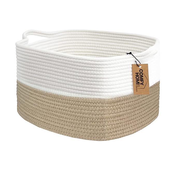 COMFY-HOMI Cotton Rope Woven Basket with Handles for Shelves,Toys,Book, Cloth Storage Baskets Bin for Organizing-13.5"x11"x9.5" Toy Decorative Organizer for Living Room, Bathroom-Light Brown-Ruum Studio Home