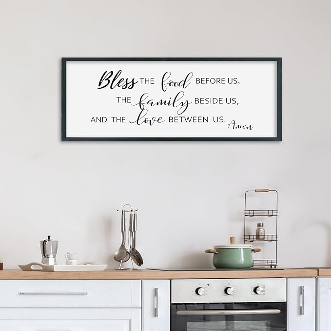 SRSZHIYUE Bless the Food Before Us Wall Sign Decor 32"×12" Christian Bible Verse for Farmhouse Rustic Kitchen Dining Room Framed Wood Scripture Religious Jesus Prayer Wall Art (Black)-Ruum Studio Home