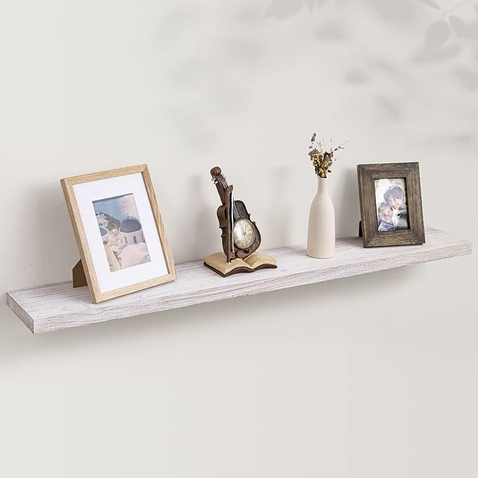 Axeman Floating Shelves for Wall, Rustic Elm Wood 48''W x 8" D Wall Shelf with Invisible Bracket, Large Long Wall Mounted Storage Shelves for Living Room, Bedroom, Kitchen, Bathroom Decor, White Wash-Ruum Studio Home