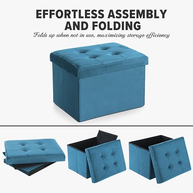 LINMAGCO Storage Ottoman Folding Foot Stool Velvet Foot Rest with Padded Modern Ottoman with Storage for Living Room Puppy Step Stool 17x13x13in(Blue)-Ruum Studio Home