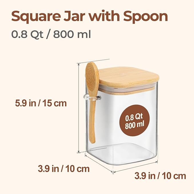 ComSaf 0.8 Qt Glass Jars with Bamboo Lids & Spoons Set of 4, Square Glass Containers with Lids, Sugar Coffee Containers Salt Spice Jars, Pantry Storage Container for Loose Tea, Candy, Brown Sugar, Nut-Ruum Studio Home