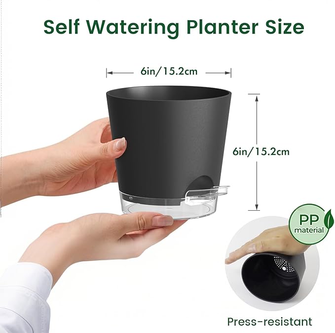 6 inch Self Watering Pots for Indoor Outdoor Plants, 6 Pack Flower Plant Pots with Drainage Holes and Clear Reservoirs, Visible Water Level, Plastic Planters with Wicking Rope, Black-Ruum Studio Home