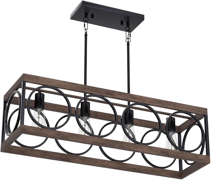 XINGQI Black Kitchen Island Light Fixtures, Farmhouse Dining Room Chandelier Rectangular Linear Chandeliers Pendant Ceiling Light Fixture for Bar Office Coffee Shop 4-Light Wood Grain-Ruum Studio Home