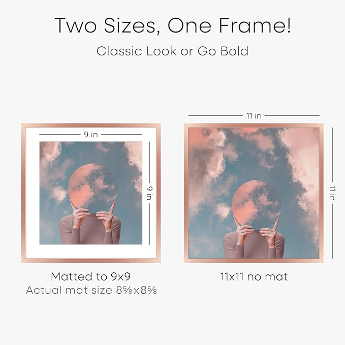Homeforia 11x11 Rose Gold Picture Frame, High End Metal 11 by 11 Square Frames with Mat 9 x 9 Photo, 11by11 Poster Frame Matted to 9x9 inch Art, Wall Hanging Frames, Tempered Glass, Wall Kit, Set of 1-Ruum Studio Home
