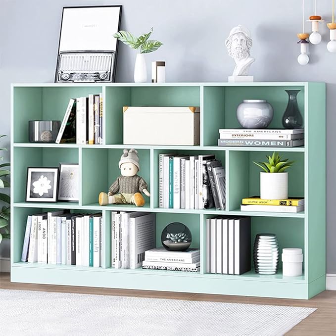 IOTXY Open Shelf Low Bookcase - Wooden 3-Tier Floor Standing Display Cabinet Organizer with Base, 10 Cubes Short Horizontal Bookshelf in Tiffany-Green-Ruum Studio Home