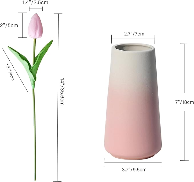 Mandy's Artificial Tulips 28 Stems Light Pink with Gradient Pink Vase PU Faux Flowers for Wedding Home Decor 13.5 Inch-Ruum Studio Home