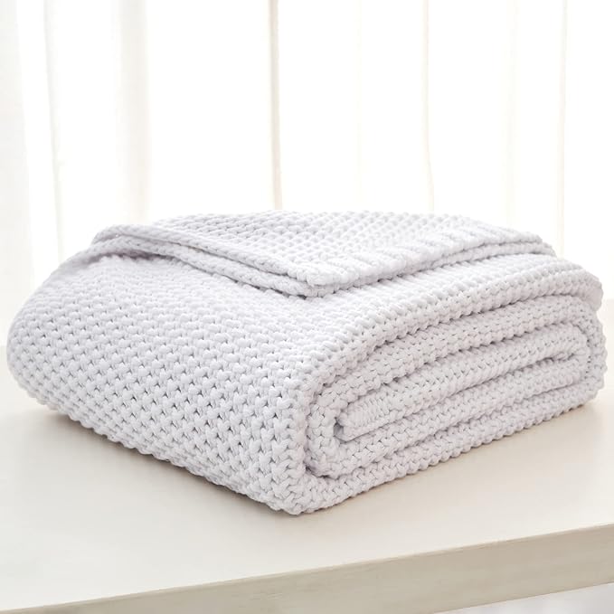 Chunky Cable Knit Throw Blanket Lightweight White 100% Organic Cotton Blanket for Sofa Couch Bed Baby Nursery, Rustic Shabby Chic Modern Farmhouse, Pure White 51” x 63” Give Laundering Bag-Ruum Studio Home