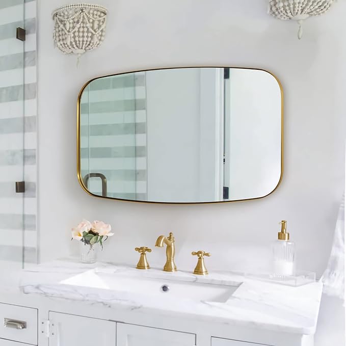 ANDY STAR Gold Bathroom Mirror, 20x30’’ Brushed Gold Vanity Mirror for Bathroom, Brushed Brass Oblong Stainless Steel Metal Frame Mirror for Over Sink-Ruum Studio Home