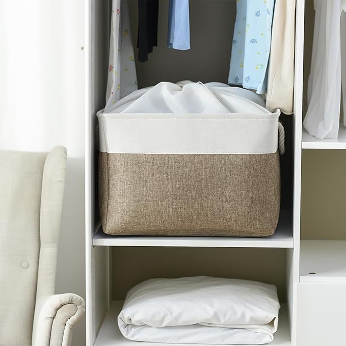 TheWarmHome Organization Basket - 20x16x14 inch Jumbo 3 Pack Collapsible Storage Bins for Shelves, Fabric Storage Cubes for Closet Organizer Gift Toy (White & Khaki)-Ruum Studio Home