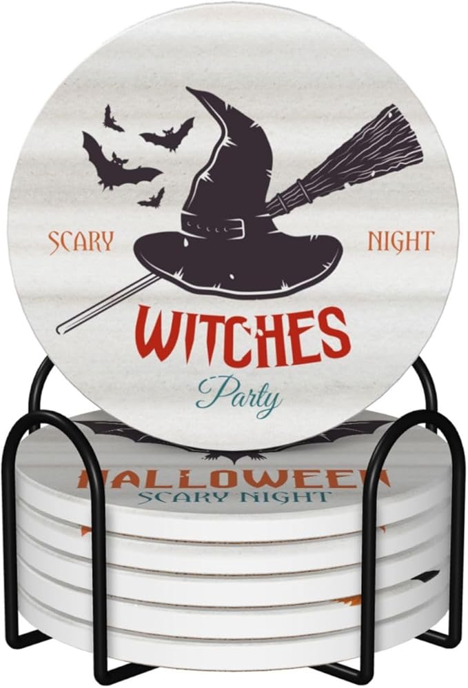6 PCS Halloween Coasters with Metal Holder and Cork Base Ceramic Drink Coasters Absorbent Cup Mat Non-Slip for Home Kitchen Office Table Decor, 4 Inch Halloween 1-Ruum Studio Home