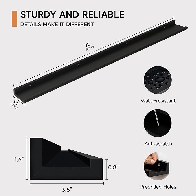 Floating Picture Ledge Shelves for Wall Set of 2, 72 Inches Picture Ledge Shelf with Long Large Nursery Book Shelf for Toys Storage Kids Bookshelf Wall Mounted Living Room Bedroom Decor Frames, Black-Ruum Studio Home