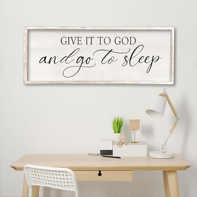 comurdyo Give It To God And Go to Sleep Sign 32''×12'' Master Bedroom Above Bed Wall Decor Wood Framed Couple Large Farmhouse Guest Room Rustic Simple Over Bedside Wall Art Hanging Decor (White)-Ruum Studio Home