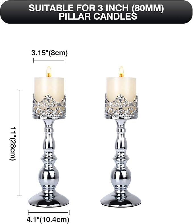 Candle Holders for Pillar Candles Gothic Matte Black Vintage Tall Candle Holders Set of 2 Decorative Large Table Centerpieces Candle Stand Decor (Silver 2PCS A)-Ruum Studio Home