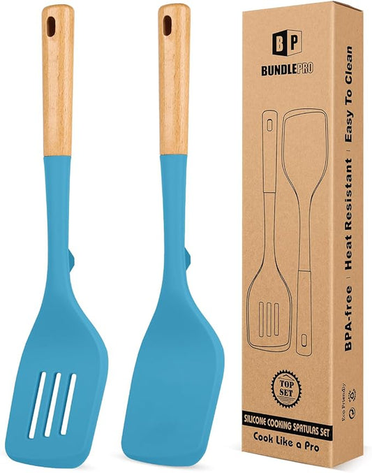 Pack of 2 Large Silicone Spatula, Heat Resistant Solid Turner, Non Stick Slotted Spatulas with Wooden Handle, Ideal Kitchen Utensils for Flipping, Pancakes, Eggs, Fish(BLUE)-Ruum Studio Home
