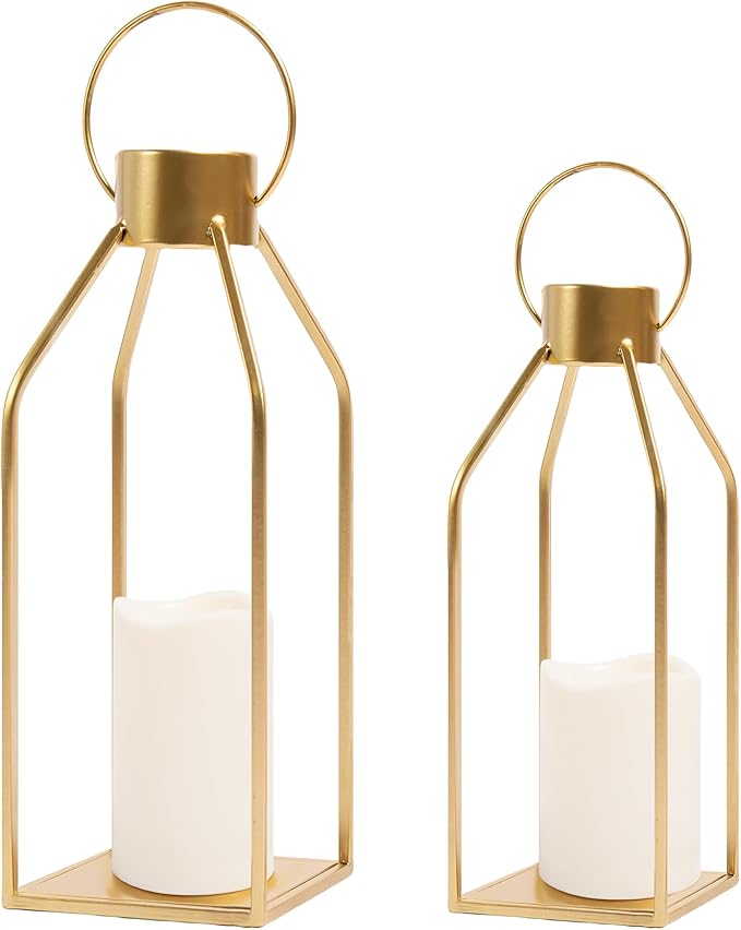 HPC Decor Modern Farmhouse Lantern Decor- Gold Metal Candle Lanterns for Christmas- Lanterns Decorative w/Timer Flickering Candles for Living Room, Home, Indoor, Outdoor, Table,Fireplace Mantle Decor-Ruum Studio Home