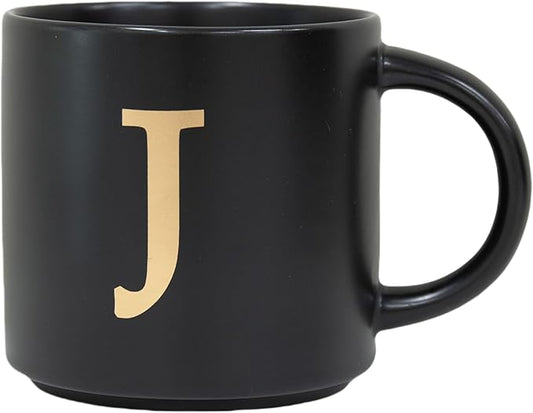 COLLECTIVE HOME - Monogram Ceramic Mugs, 15 oz Golden Initial Black Coffee Cups, Elegant Alphabet Tea Mugs, Elegant Personalized Mug with Gift Box, Unique Mug with Double Side Capital Lette (J)-Ruum Studio Home