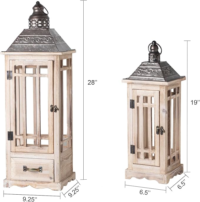 TIMRIS Large Rustic Wooden Metal Decorative Lantern Set of 2, Modern Farmhouse Floor Candle Lanterns with Drawer, Indoor/Outdoor Hanging Lanterns for Home Decor (No Glass)-Ruum Studio Home