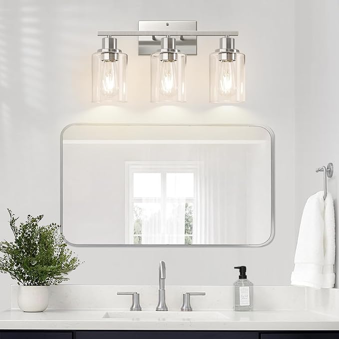 3-Light Bathroom Light Fixtures, Brushed Nickel Vanity Lights with Clear Glass Shades, Modern Bathroom Wall Lamp for Mirror Living Room Cabinet Bedroom Porch-Ruum Studio Home
