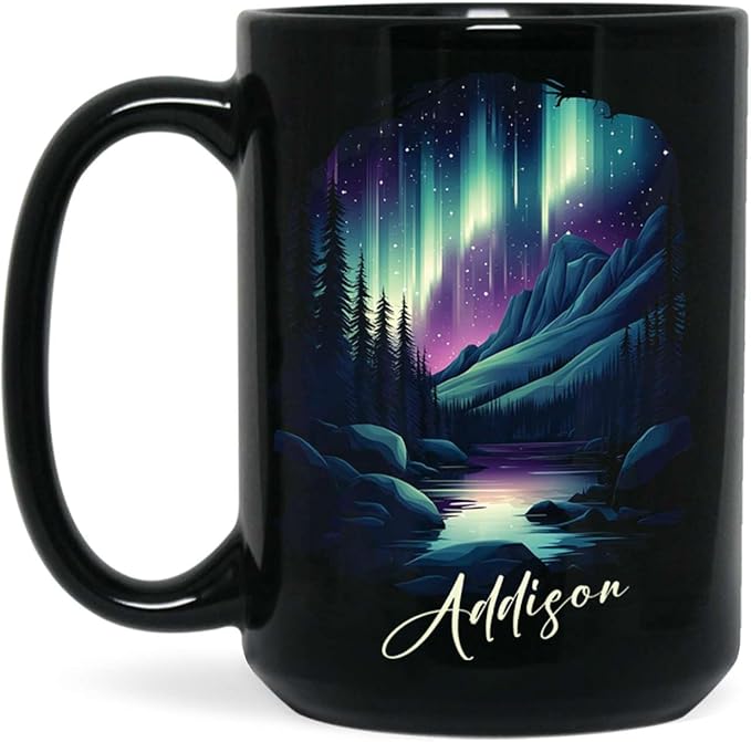 Customized Name Coffee Cup 11oz 15oz, Personalized Northern Lights Landscape Mug, Scenic Mountain And River Black Cup, Custom Northern Lights Inspired Ceramic Mug, Gift For Women-Ruum Studio Home