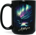 Customized Name Coffee Cup 11oz 15oz, Personalized Northern Lights Landscape Mug, Scenic Mountain And River Black Cup, Custom Northern Lights Inspired Ceramic Mug, Gift For Women-Ruum Studio Home