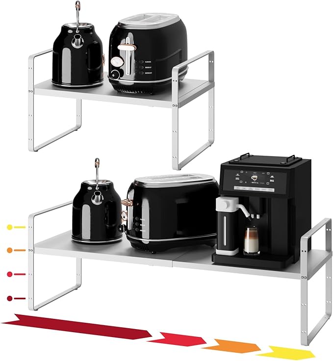 16.5~27.1" Expandable Shelf Organizer, 1Pack 10.2" Wide Stackable Cabinet Shelf Organizers, White Metal Sturdy Kitchen Counter Storage for Countertop, Adjustable Height Spice Rack-Ruum Studio Home