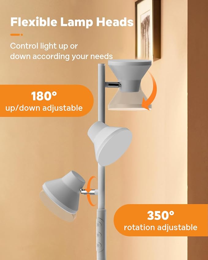 LED Tree Floor Lamp Silver, 36W Super Bright Standing Lamp with Remote Control, 4 Color Temperatures, 3 Rotatable LED Lights, Dimmable Floor Lamps for Living Room, Bedroom, Office-Ruum Studio Home