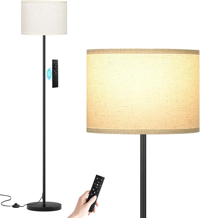 Ambimall 60'' Modern Floor Lamp with Remote, Tall Lamps for Living Room, Bedroom, Office, Dining Room, Beige Shade with Black Pole(Included Bulb)-Ruum Studio Home