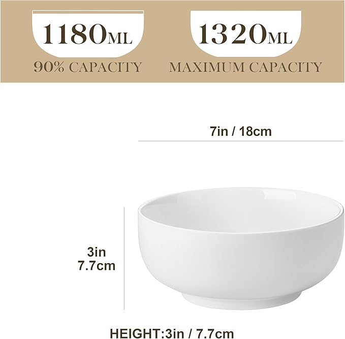 MALACASA Salad Bowls Set, 44 OZ (7") Large Soup Bowls Cereal Bowl for Kitchen, White Ceramic Bowls Set of 2, Dishwasher & Microwave Safe,Series REGULAR-Ruum Studio Home