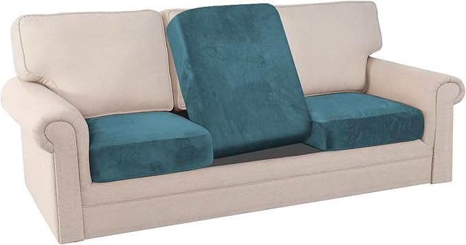PrinceDeco Couch Cushion Covers, Stretch Washable Sofa Cushion Cover, Fitted Sofa Slipcover Velvet Fabric Non-Slip Furniture Protector for Dog,Pets, Kid (Each Width Up to 29.5", Blue)-Ruum Studio Home