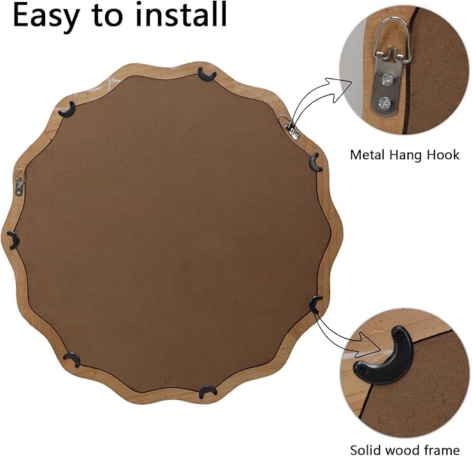 Round Mirror Vanity Mirrors for Bathroom with Wavy Wood & Beaded Frame - Wall Mirrors for Living Room,Entry Mirrors for Wall,Decorative Mirror-Ruum Studio Home