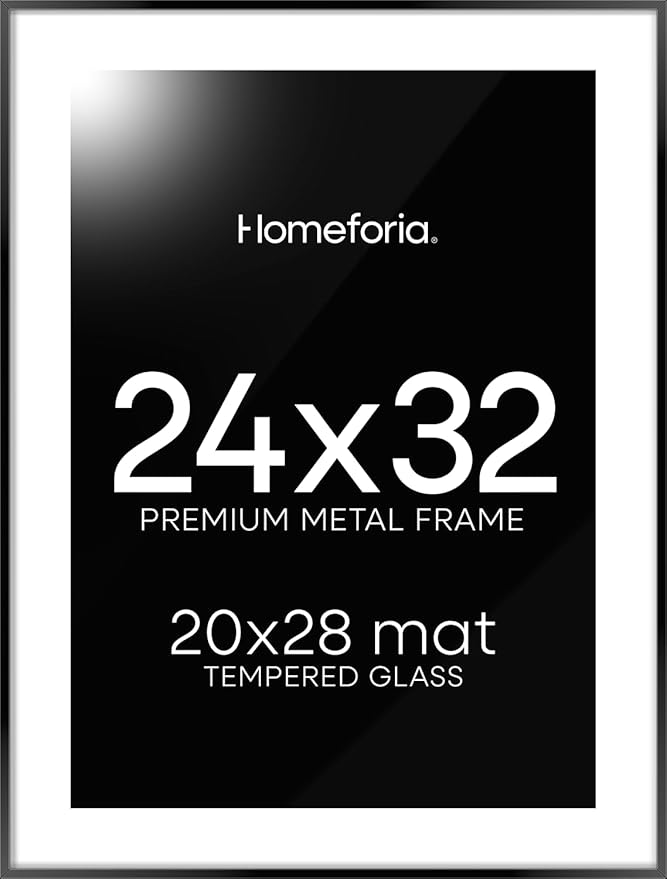 Homeforia 24x32 Poster Frame Black, High End Metal 24 x 32 Large Picture Frames with Mat 20 x 28 for Photo, 24x32 Thin Frame Matted to 20x28 inch Print, 32x24 Frame, Tempered Glass, Wall Kit, Set of 1-Ruum Studio Home