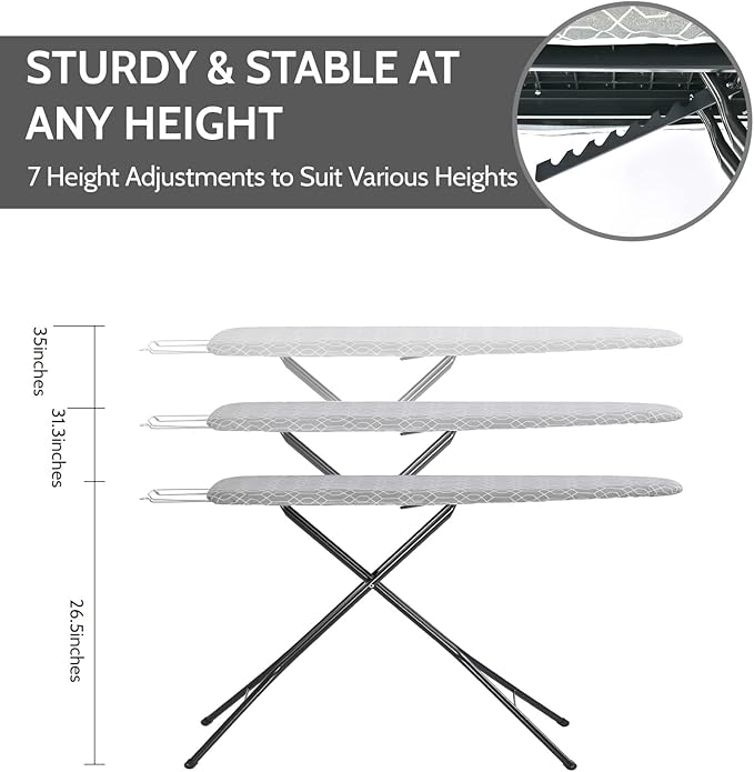 APEXCHASER Full Size Ironing Board with Iron Rest, Lightweight Iron Board with Height Adjustable, Extra Thick Heat-Resistant Cover with Padding, Heavy-Duty Sturdy Metal Legs, 43x13 Grey-Ruum Studio Home