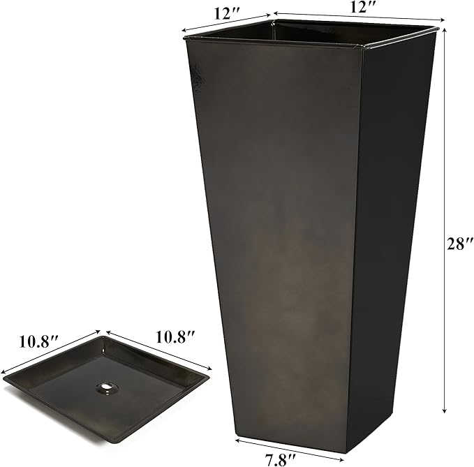 WORTH Garden 28" Large Metal Glazed Planter Set of 2, Luxurious Glossy Finish Black Tall Square Tapered Steel Plant Pots, Decor Flower Pot Indoor & Outdoor, Drainage Hole & Dual-Purpose Plant Saucer-Ruum Studio Home