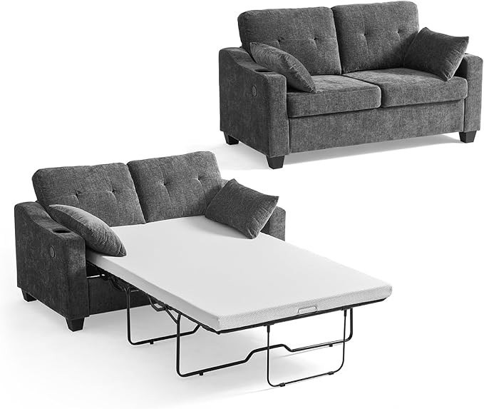 CHIC HOUSE Pull Out Sofa Bed, Full Size Sleeper Sofa, 2-in-1 Convertible Chenille Couch with USB Charging, Memory Form Couch for Living Room, Apartment & Small Space (Dark Grey, Chenille - Full)-Ruum Studio Home