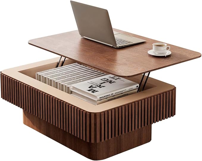 Lift Coffee Table with Storage & Adjustable Height, Solid Wood Coffee Table Fluted Center Table Accent Tea Table or Living Room, Apartment, Office (38.6" Walnut)-Ruum Studio Home
