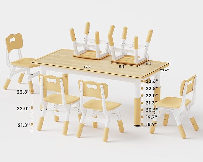 Brelley Kids Table and 6 Chairs Set, Height Adjustable Toddler Desk and Chair Set, Graffiti Desktop, Classroom/Daycare/Home, Children Multi-Activity Table for Ages 2-8-Ruum Studio Home