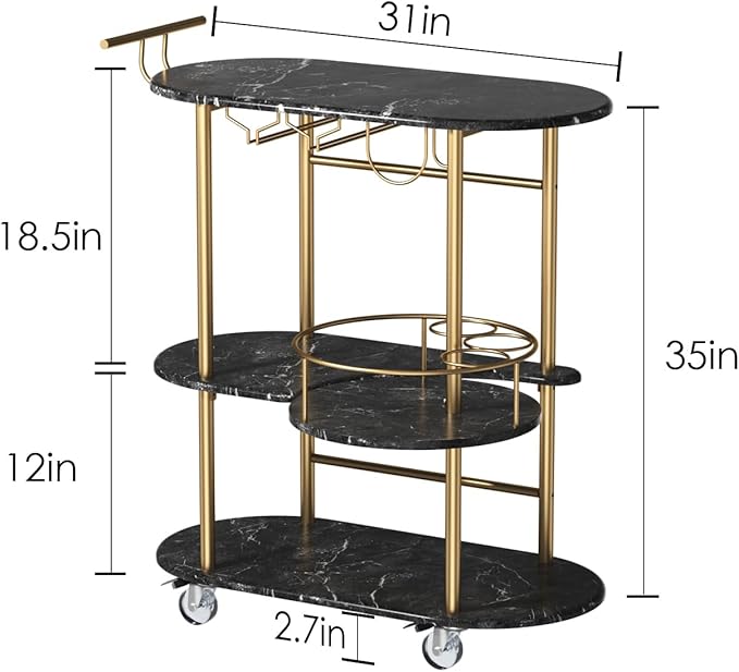 Black Bar Carts with 4-Tier Storage Shelves, Mobile Bar Serving Cart with Wine Rack and Glass Holder, for The Home, Kitchen, Living Room, Dining Room-Ruum Studio Home