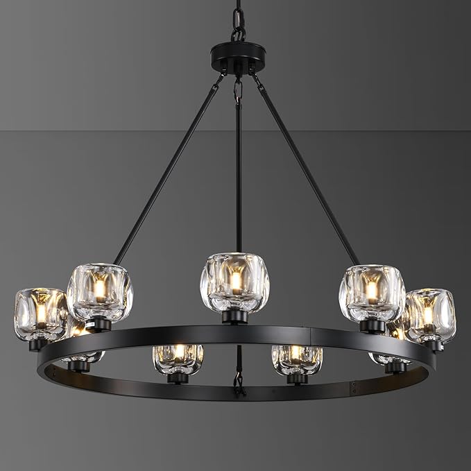 Black Wagon Wheel Chandelier, 36 Inch Black Chandeliers with Unique Glass Shade, 9-Light Crystal Farmhouse Wagon Wheel Chandeliers for Dining Room, Round Chandelier for Living Room, Foyer, Entryway-Ruum Studio Home