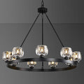 Black Wagon Wheel Chandelier, 36 Inch Black Chandeliers with Unique Glass Shade, 9-Light Crystal Farmhouse Wagon Wheel Chandeliers for Dining Room, Round Chandelier for Living Room, Foyer, Entryway-Ruum Studio Home
