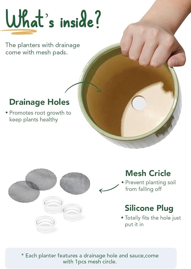 LE TAUCI Fluted Ceramic Planters Set of 3 – 8.3/7 / 5.7 in Sage Green Reactive Cylinder Indoor Plant Pots with Drainage Plug & Mesh, Glossy Stoneware Flower Pots for Succulents Herbs-Ruum Studio Home