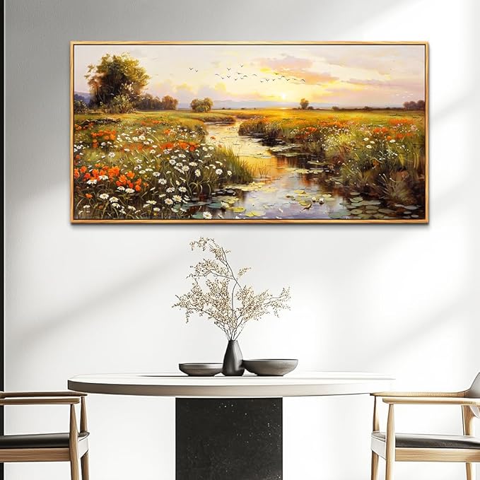 PHAOHUAXM Large Canvas Wall Art For Living Room Wall Decor For Bedroom Watercolour Painting Office Decoration Countryside Sunrise Scenery Wall Picture Home Decor Ready To Hang 30x60 In Wood Framed-Ruum Studio Home