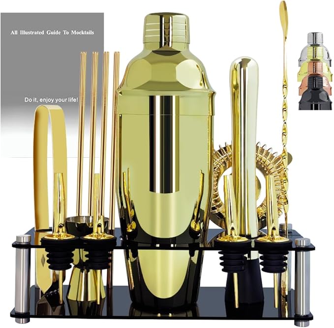 14-Piece Cocktail Shaker Set Bartender Kit with Black Stand, Bar Tool Set for Drink Mixing Bartending Kit Bar Sets Accessories: 750ml(25oz) Shaker, Jigger, Muddler, Cocktail Recipes (Gold)-Ruum Studio Home
